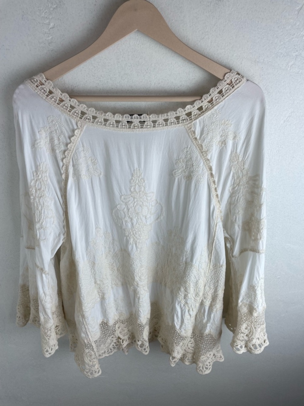 Democracy Cream and White Crochet-Trim Peasant Blouse - Picture 2 of 16